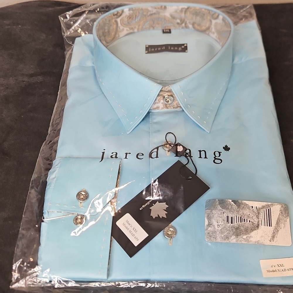 NWT Jared Lang Men's Teal Blue Dress Shirt with Silver Buttons & Paisley Accents - Picture 8 of 8